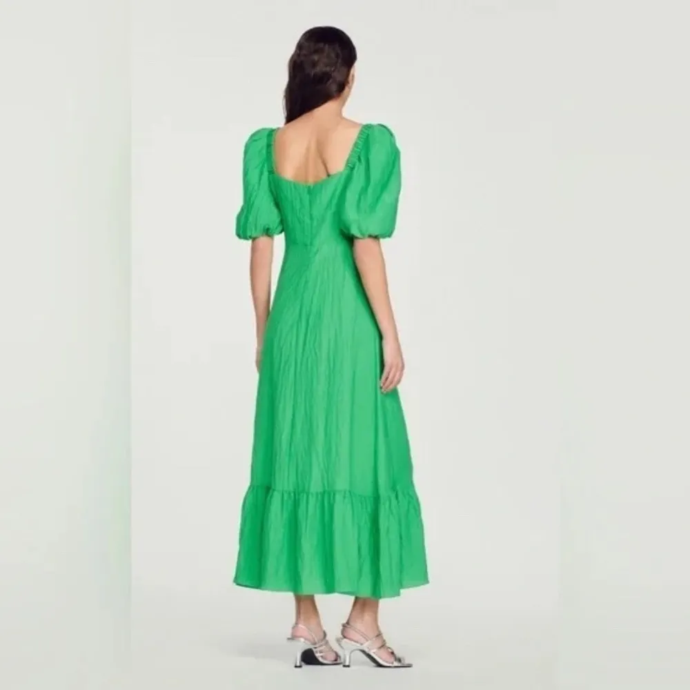 Sandro Falbala Green Puff Sleeve Midi Dress S | Cutout Ruffle Hem Rainbow Jewel - Image 12