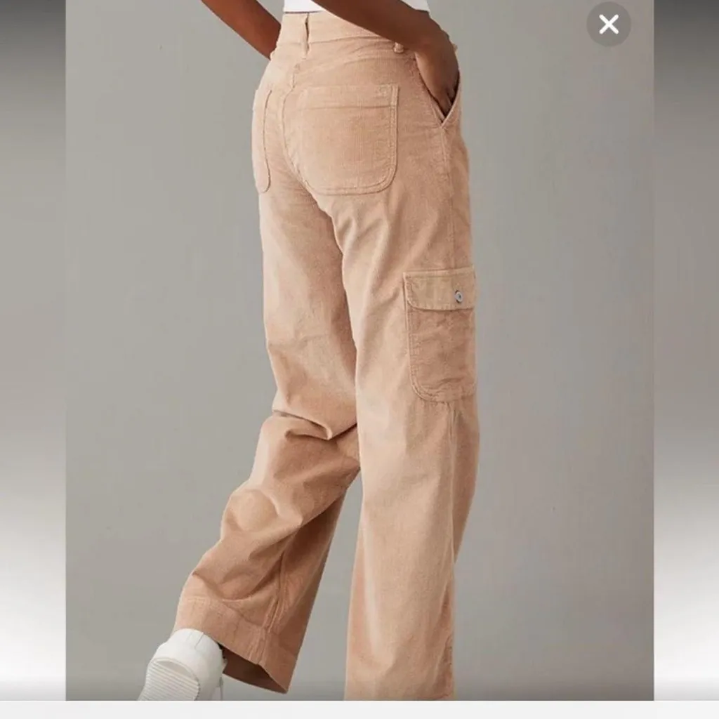 American Eagle Outfitters Tan Wide Leg Baggy Corduroy Cargo Pants - Image 3