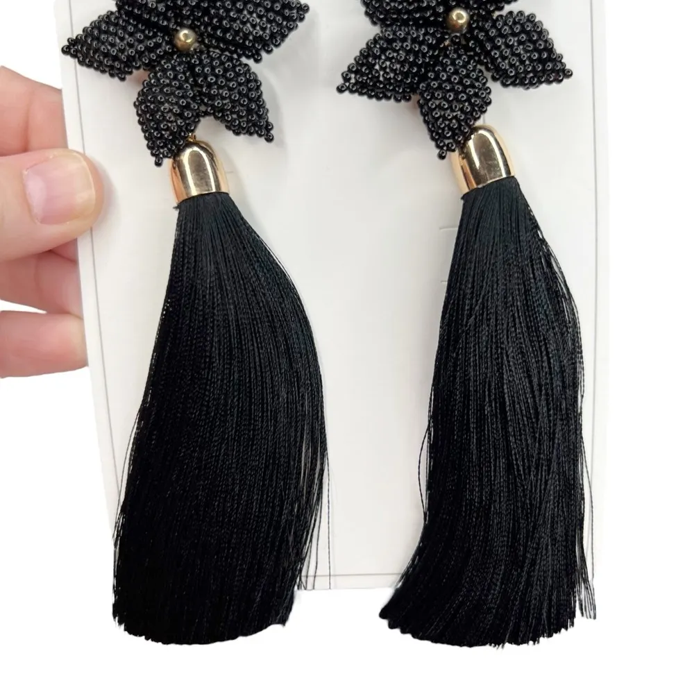 New Black Flower Seed Beaded Tassel Dangle Statement Earrings - Image 2