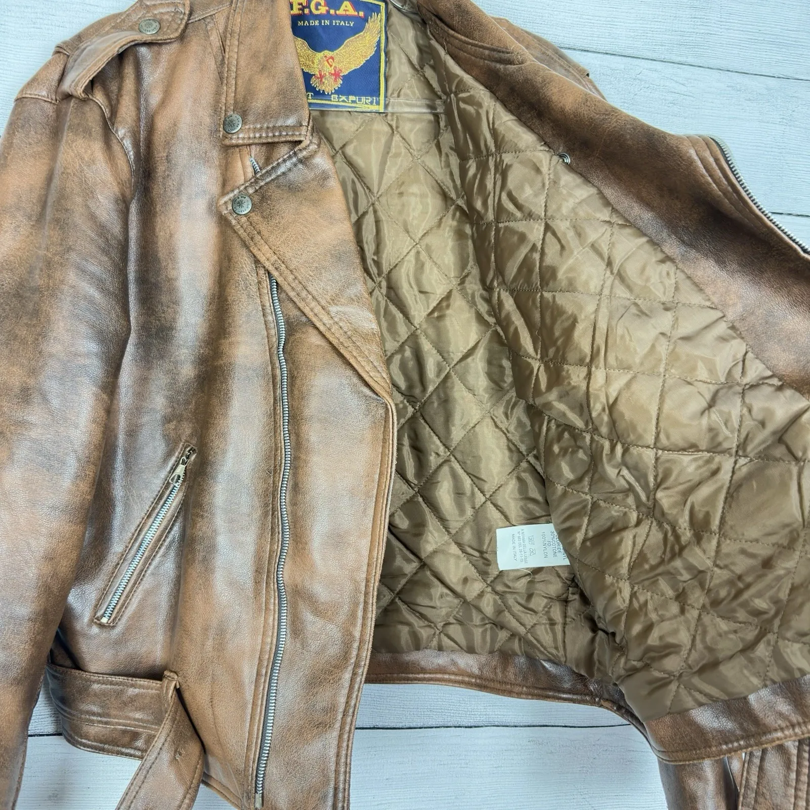 Vintage US Air Force F.G.A Faux Leather Motorcycle Jacket Brown Mens Large Italy - Image 6