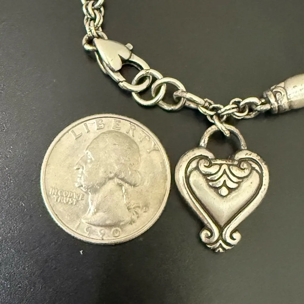 Retired BRIGHTON Blair Heart Barrel Link Chain Silverplated Heart Charm Bracelet - Image 9