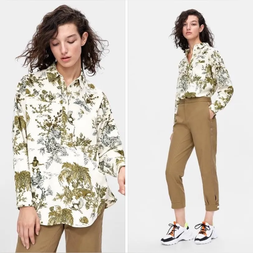 Zara Animal Tropical Print Oversized Half Button Up shirt sz M boho artsy monkey - Image 4