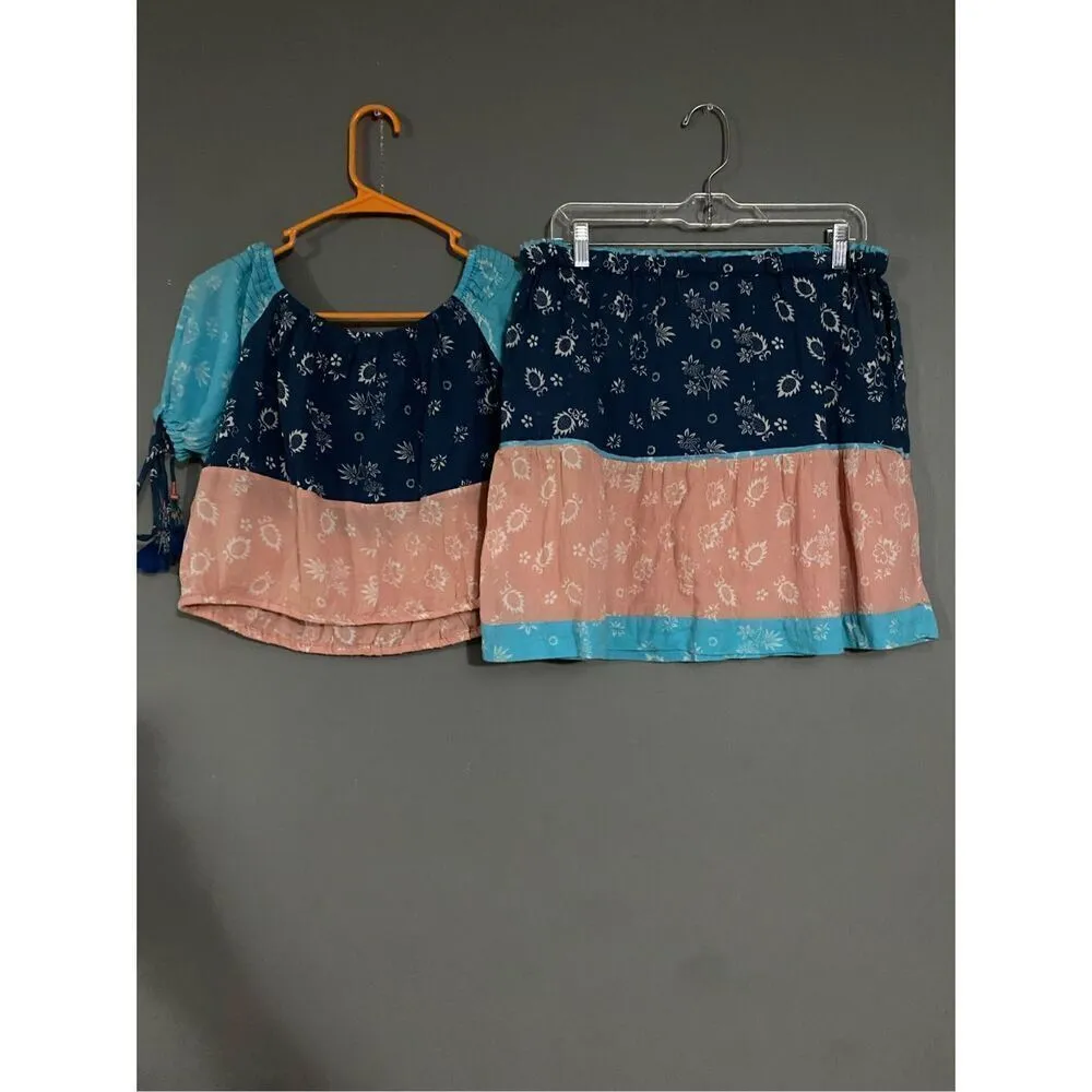 Anthropologie Kopal Women Blue Pink Mohini Skirt Boho Combo Set Size Large - Image 7