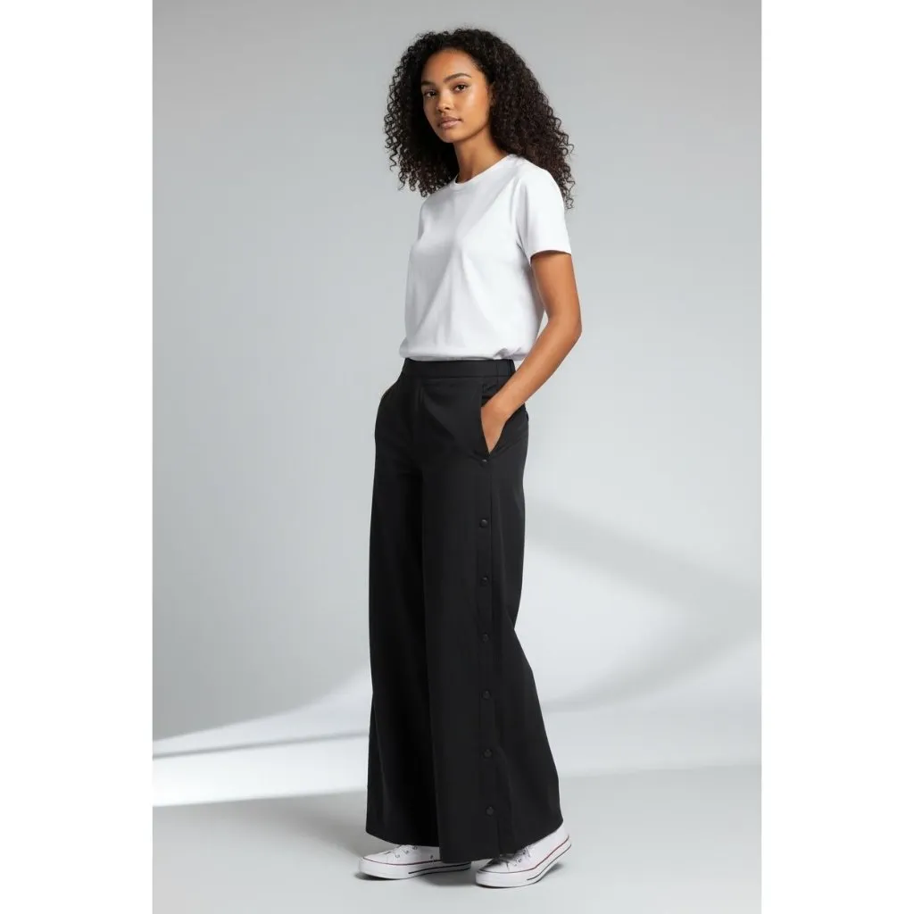 NEW UNIQLO Women Black Snap-Side Pants 27 W Casual Wide Leg Side Button Trousers - Image 2