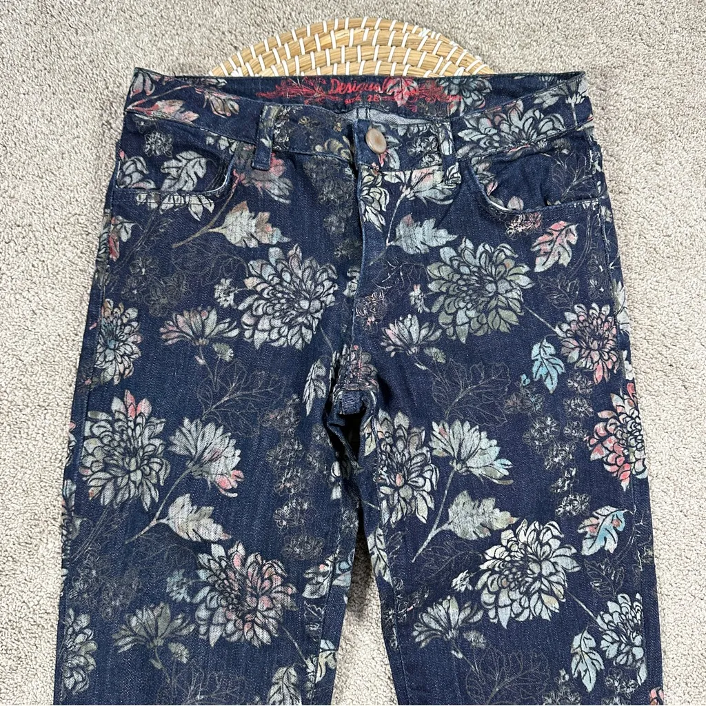 Desigual Women’s Navy Floral Skinny Leg Jeans Mid Rise Artsy Boho Art to Wear 28 - Image 5