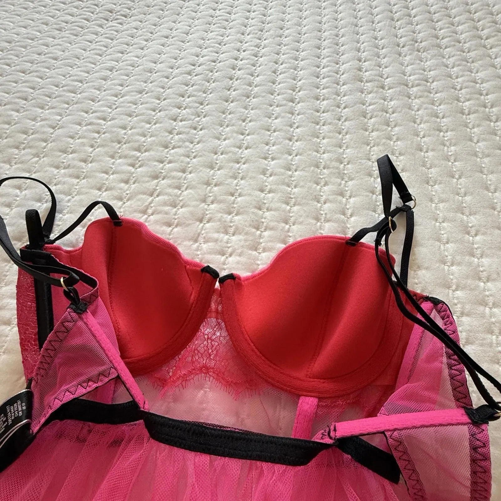 Victoria’s Secret 34B Pink Babydoll Lingerie Lace Sheer Mesh Black Trim - Image 9