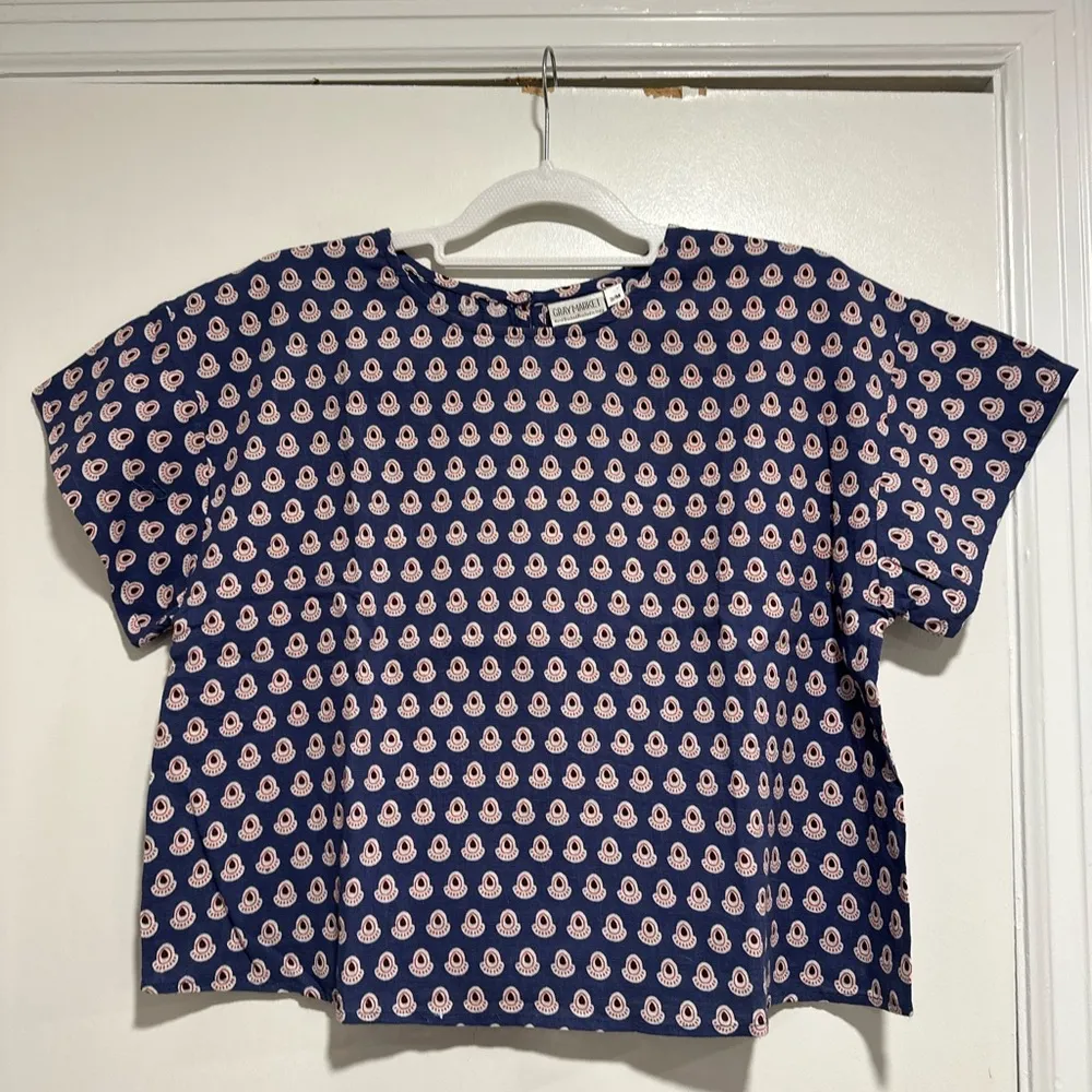 Womens S/M Cotton Boxy Lightweight blue/ red Repeat Oval Abstract Pattern Blouse Blue Size undefined - Image 7