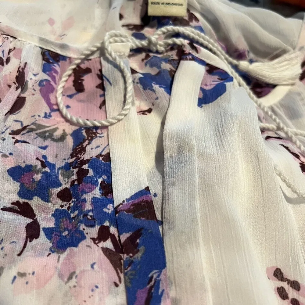 Lucky Brand Womens Sheer Floral Top Size L White Purple Blue Floral Popover - Image 2