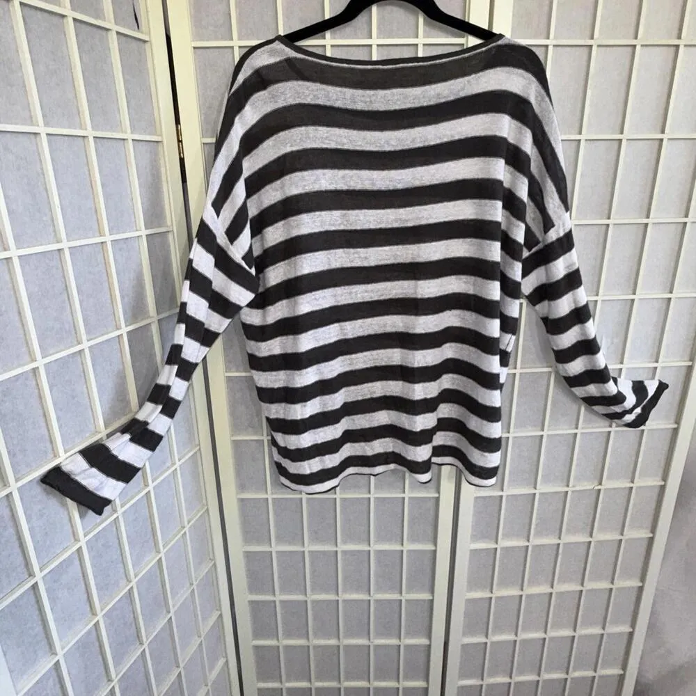 Eileen Fisher Organic Linen Striped Relaxe Top Gray White Boatneck Casual Mediu - Image 2