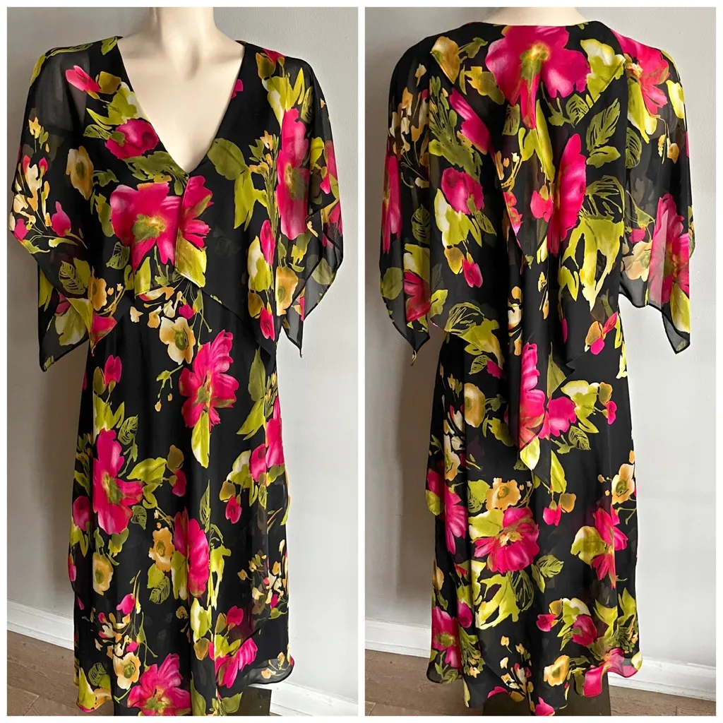 Vicky Tiel Black Floral Chiffon Midi Dress Sheer Overlay Flutter Sleeve M Pink Size M - Image 2
