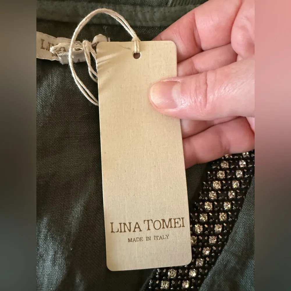 LINA TOMEI Pure Linen Shift Dress Sleeveless Beaded V - Image 15