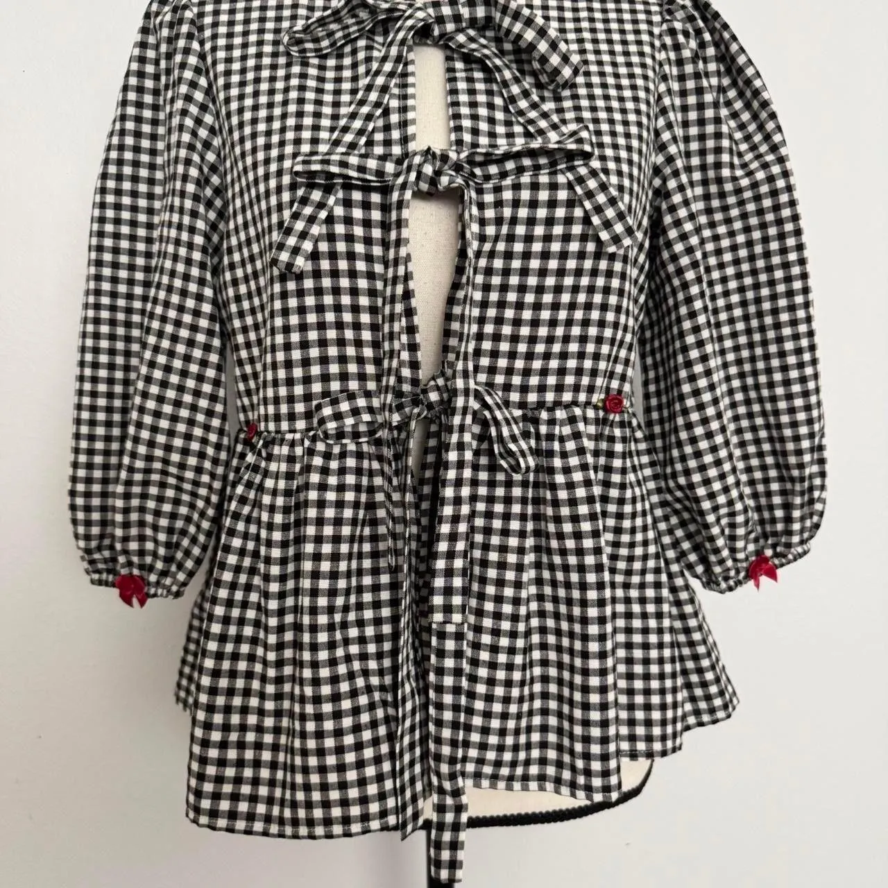 black & white gingham bow tie up blouse with mini red bows & red rosebuds - Image 8