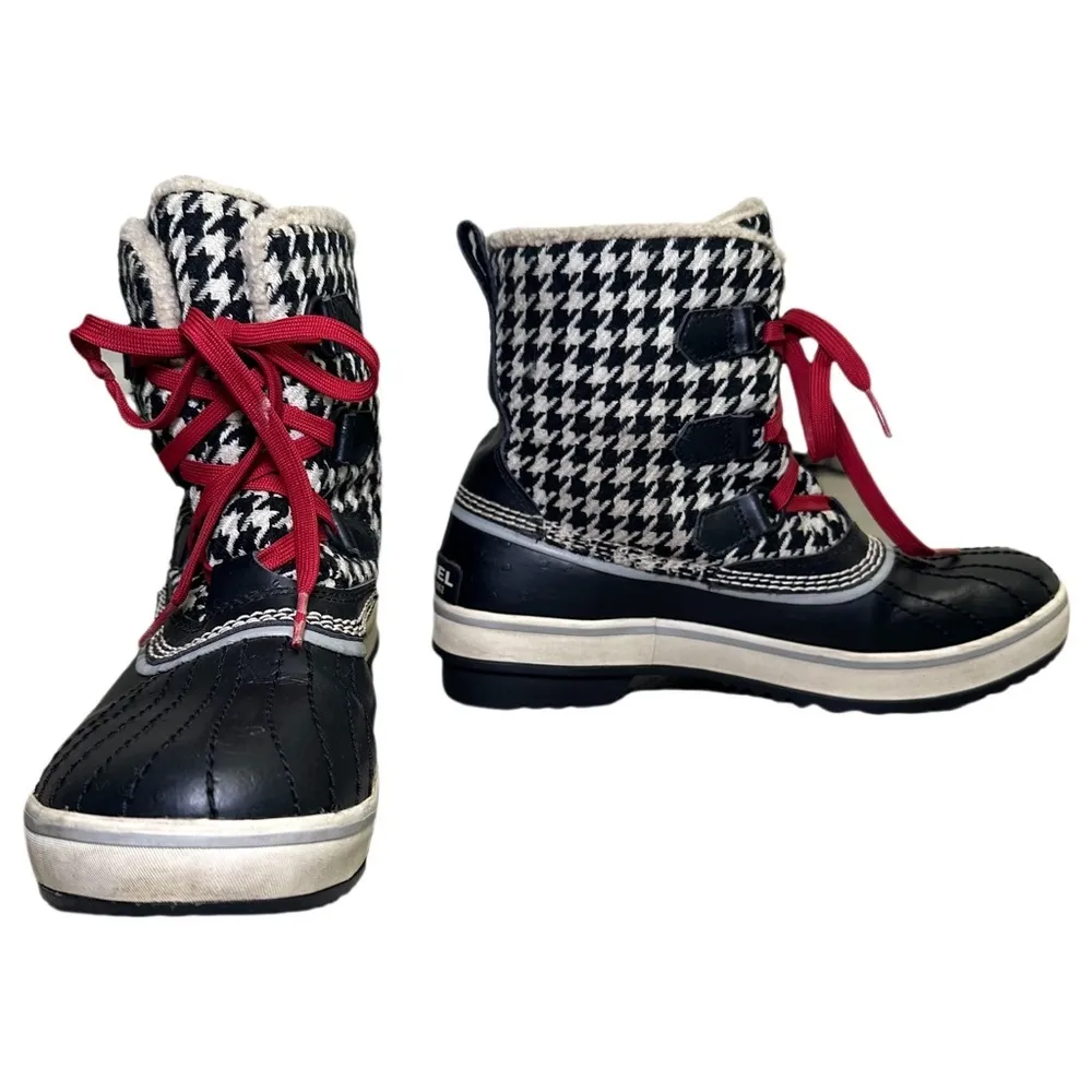 Sorel Tivoli Houndstooth Winter Boots Black White Red Lace Size 9 - Warm Cozy - Image 8