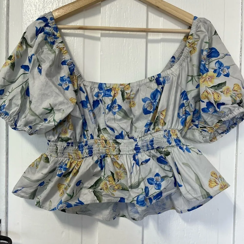 Express Floral square neck puff sleeve peplum top size medium - Image 3