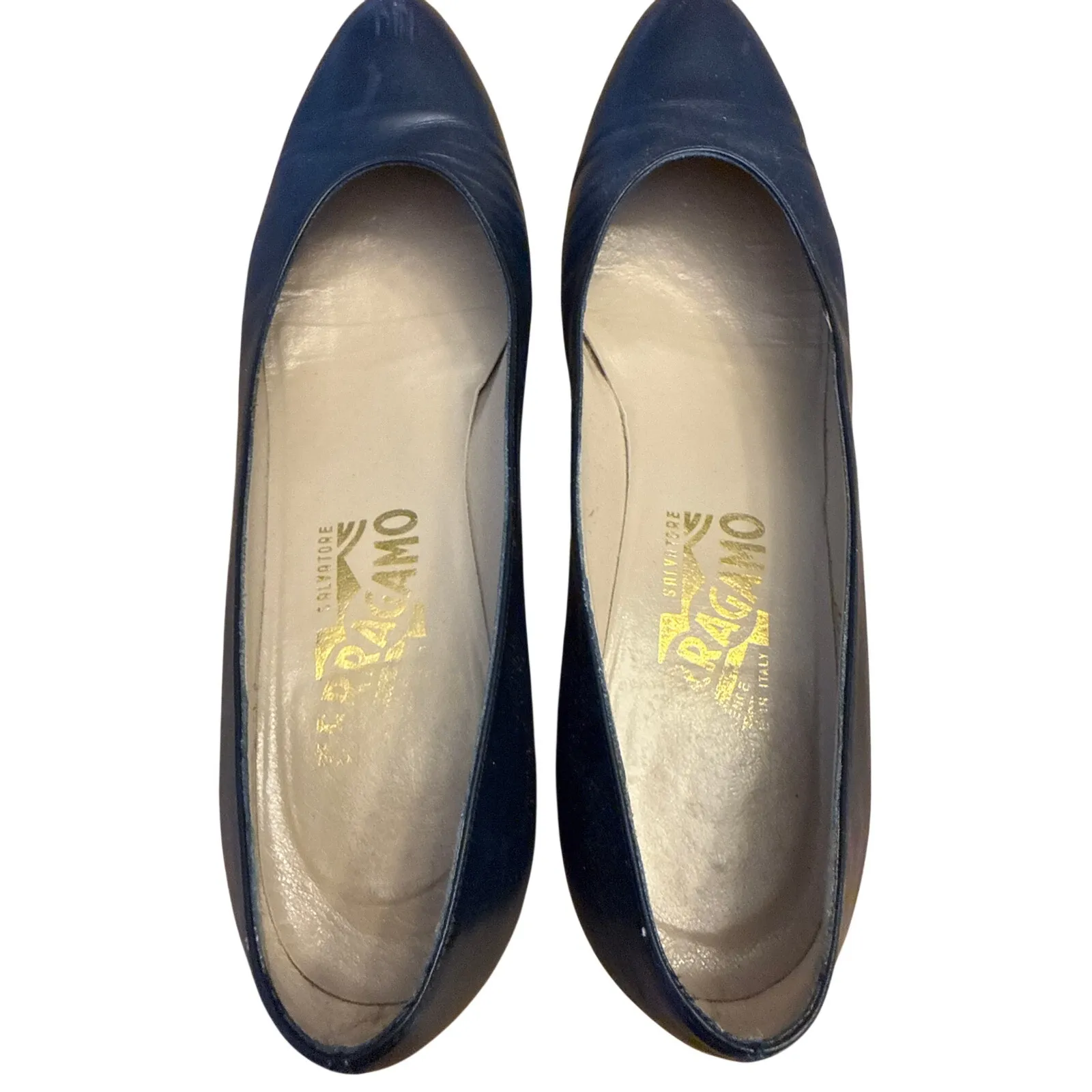 Salvatore Ferragamo Blue Leather Pumps Women’s Size 7.5 AA Low Block Heel Italy - Image 6