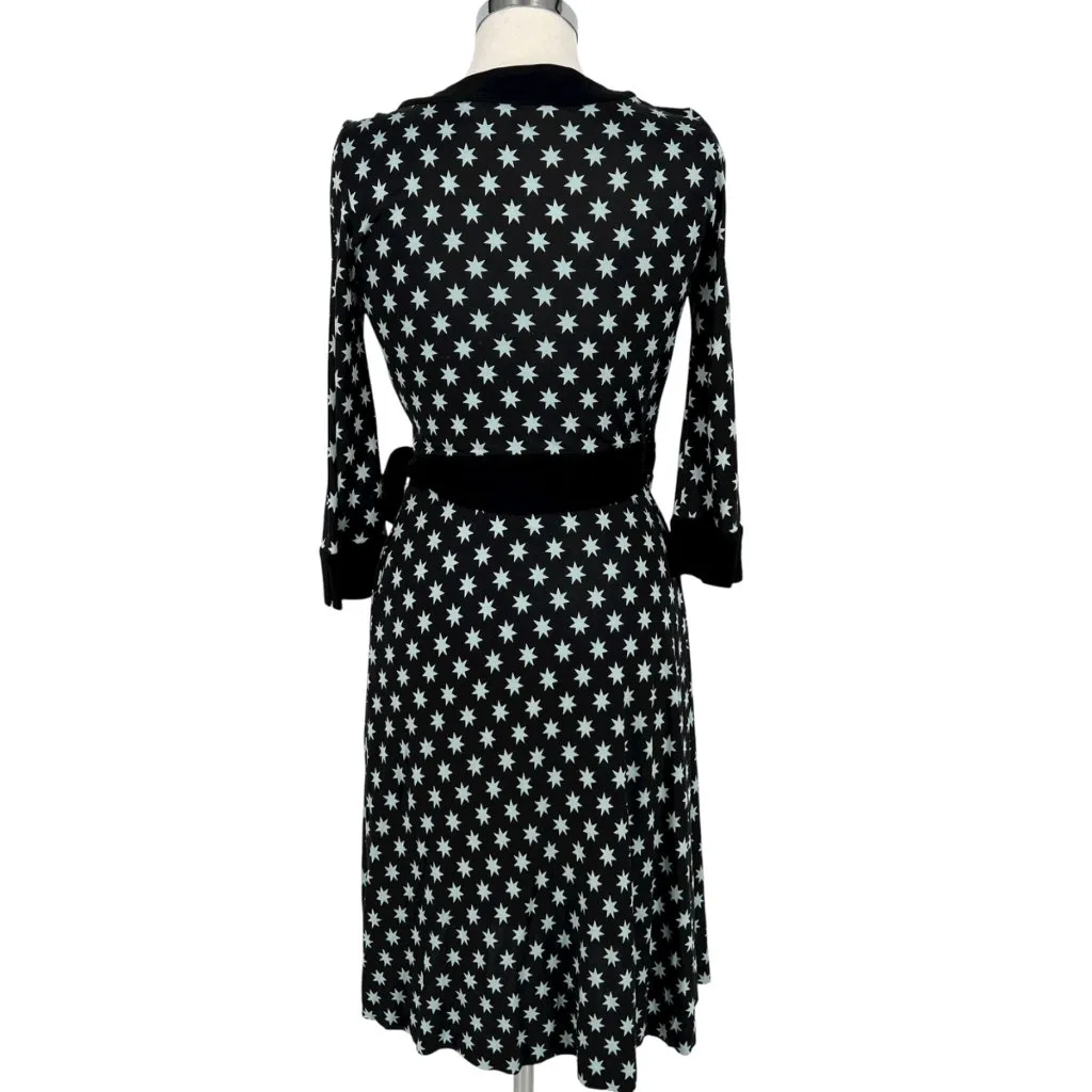 Diane Von Furstenberg Taurus Star Print Silk Wrap Dress Black Pale Blue Size 6 - Image 7