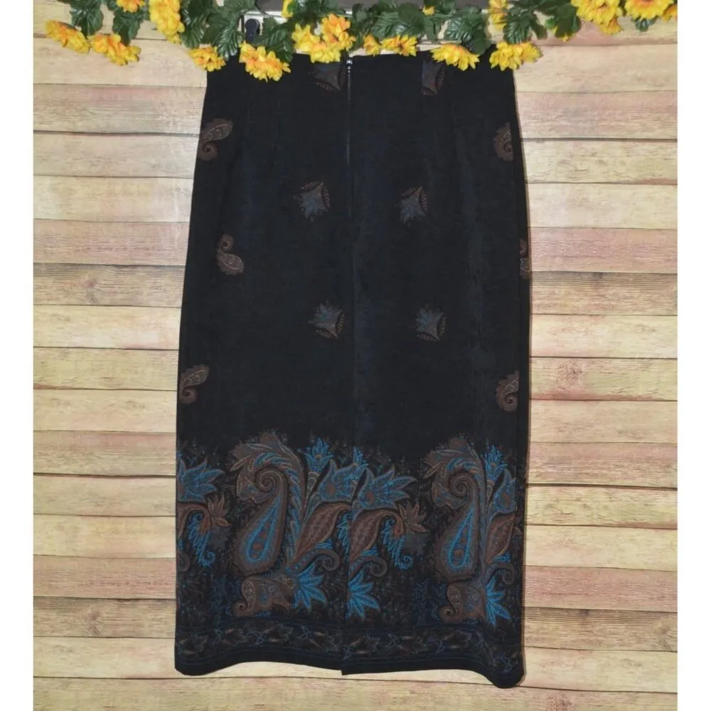 Pretty Briggs New York Vintage Paisley Print Midi Skirt 14 Black Pencil Style - Image 5
