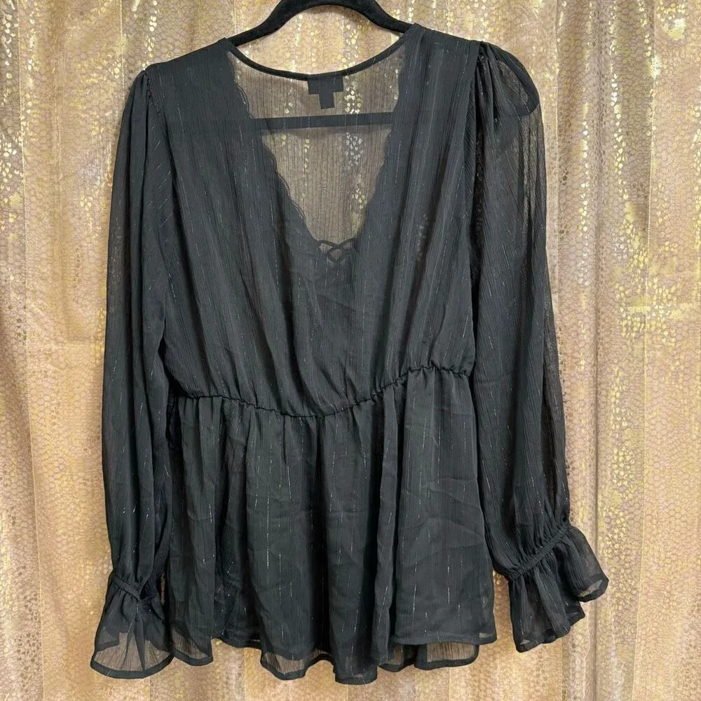 Torrid Black Babydoll Crinkle Lurex Chiffon Crochet Lace-Up Top 00 Medium - Image 2