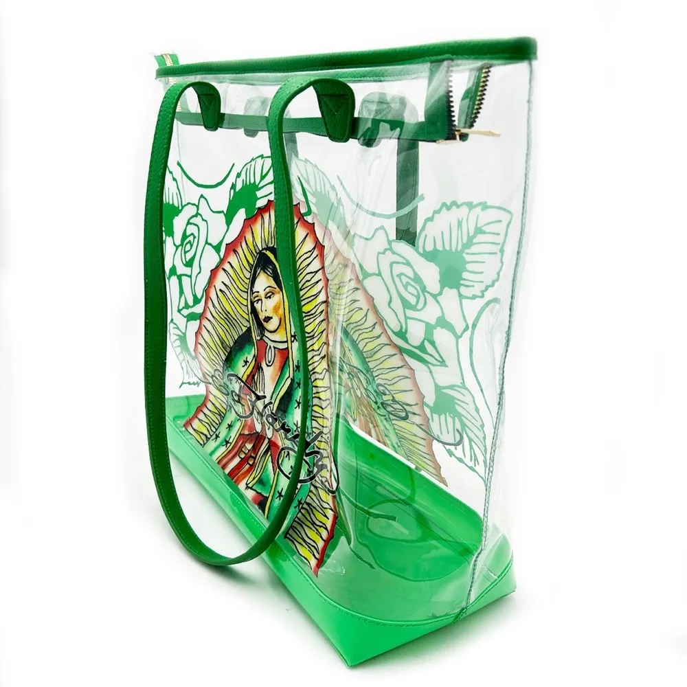 NWT Ed Hardy Virgin de Guadalupe Clear Floral Tote Bag $159 Green - Image 4