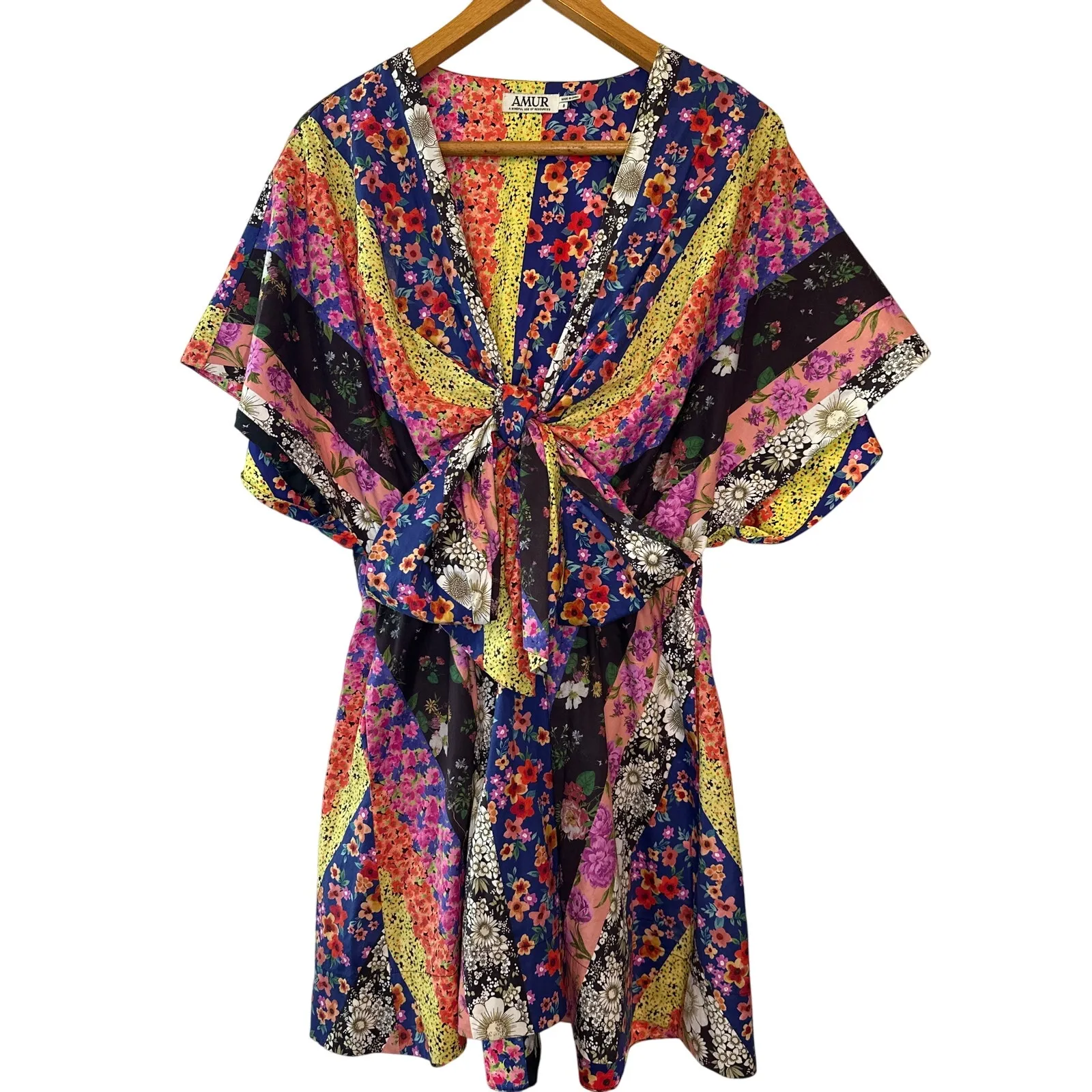 AMUR Nyla Floral Stripe Tie Front Mini Dress Size 8 Organic Cotton Black - Image 3