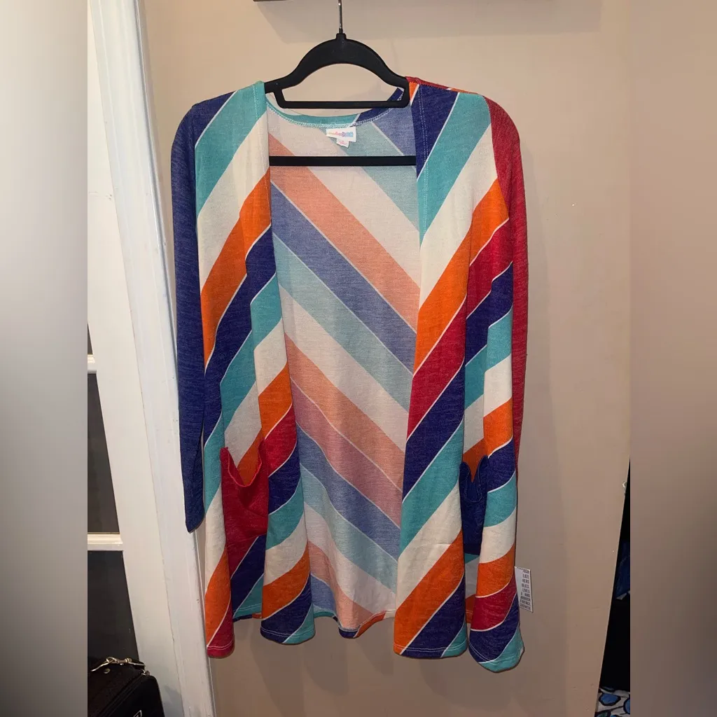 Lularoe Retro Stripes small Caroline Cardigan Blue Red White Cream Orange NEW! - Image 3