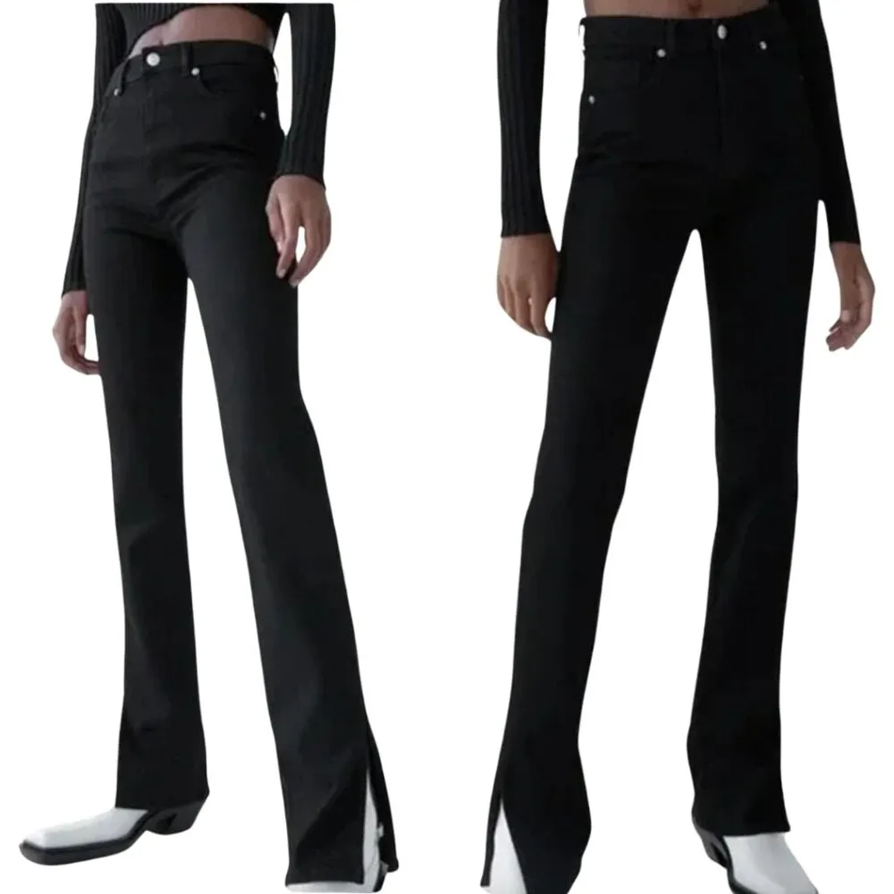 ZARA  Split Hem Flare Black Denim Jeans Women's Size 4 High Rise Neutral Stretch - Image 2