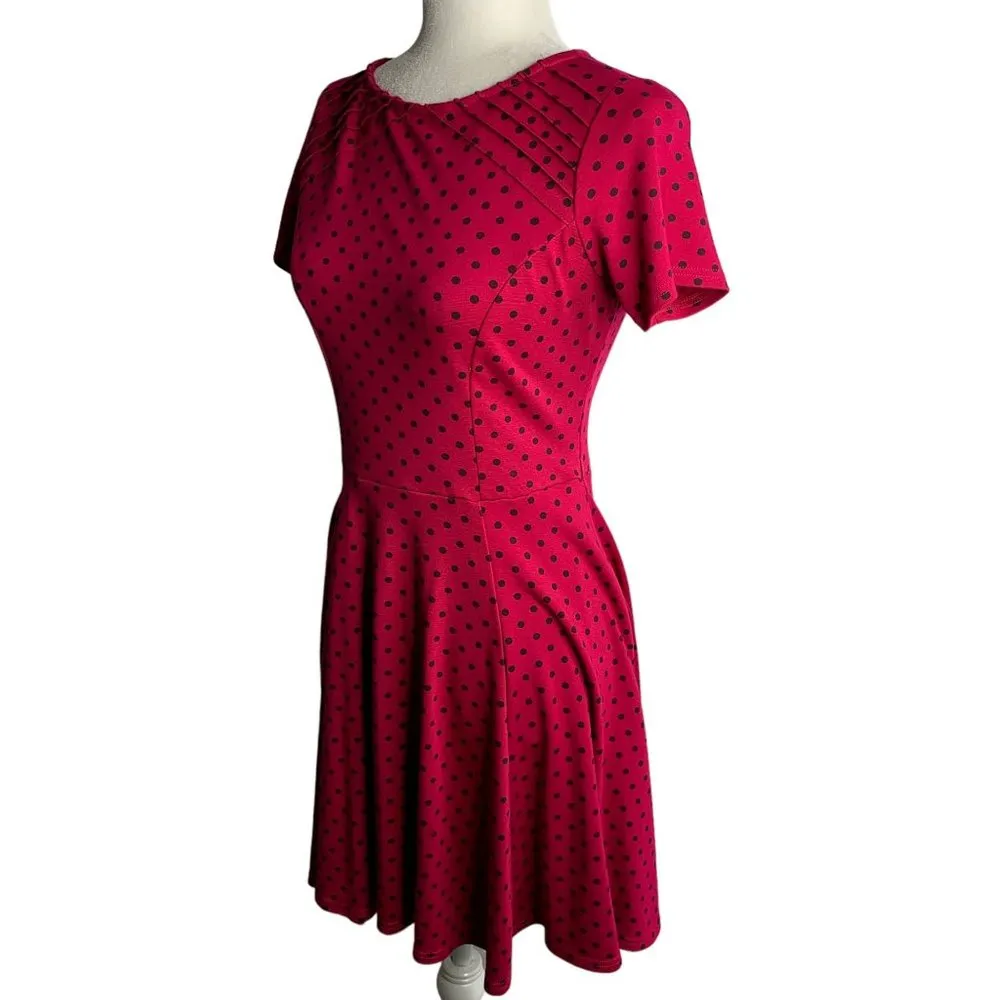 Unique Vintage Retro Swing Dress M Fuchsia Polka Dot Pleated Zip Stretch Knit - Image 3