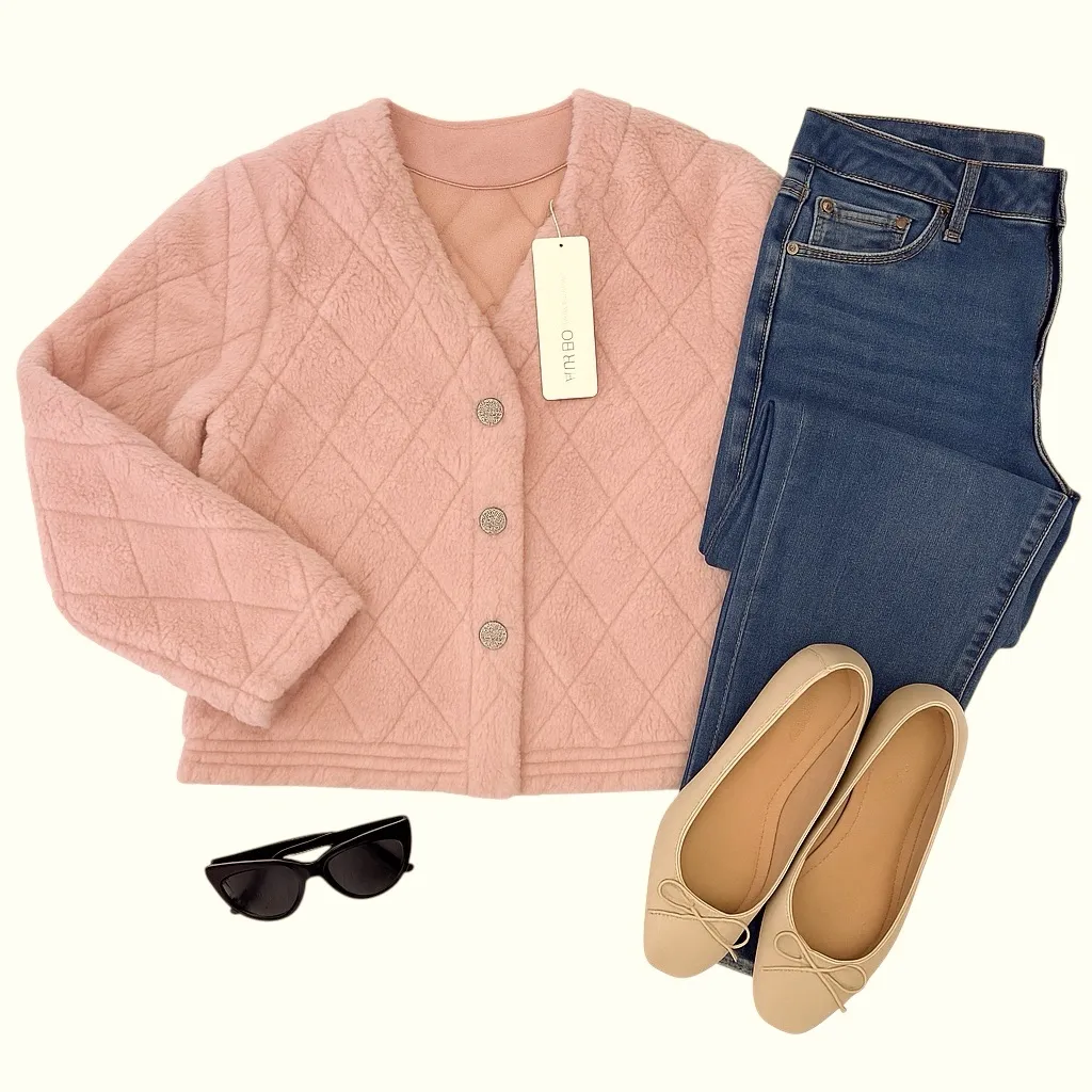 Goelia NWT RARE Pink Faux Fur Cropped Jacket Crystal Button Teddy Coat Small Size 4 - Image 3