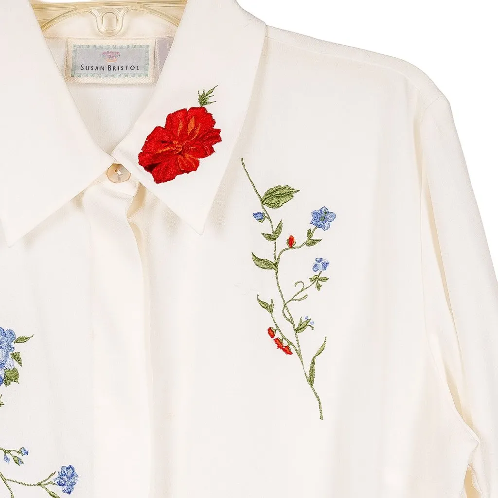 Susan Bristol Floral Embroidered Blouse 6P 90s Ivory Button Up Shirt 6 Petites - Image 3