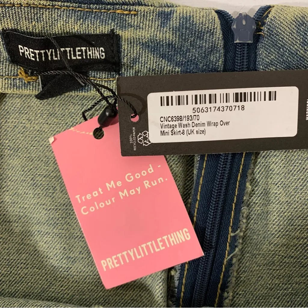 Pretty Little Thing Vintage Wash Denim Wrap Over Mini Skirt - Size 4 - Image 3