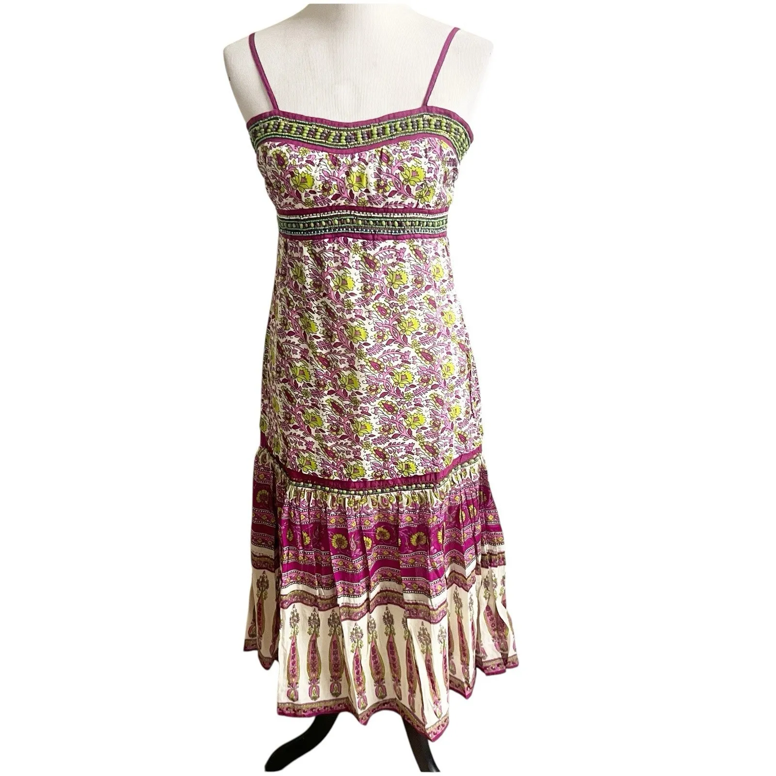 Anthropologie Chaudry Raga Madi Dress Floral Spring Print Beaded Medium Purple - Image 2
