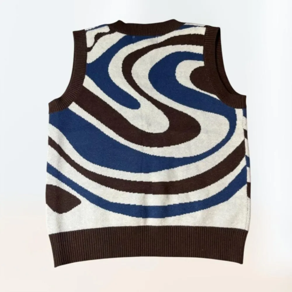 NWT Willow and Wind V Neck blue + creme + brown Swirl Knit Vest Women's Size L Size L - Image 2