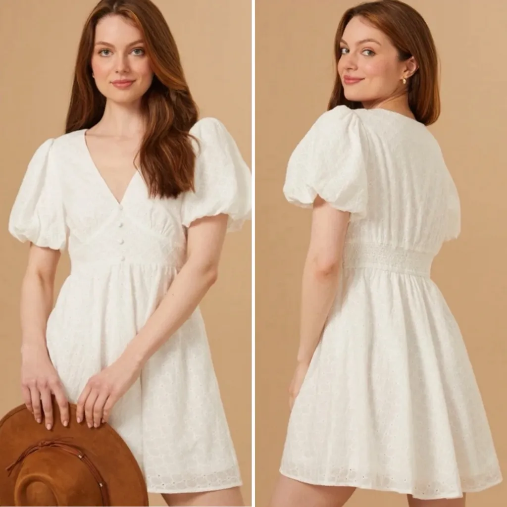 ALTAR’D STATE Briana Eyelet Puff Sleeve Sweetheart Mini Dress in White Size XL - Image 2
