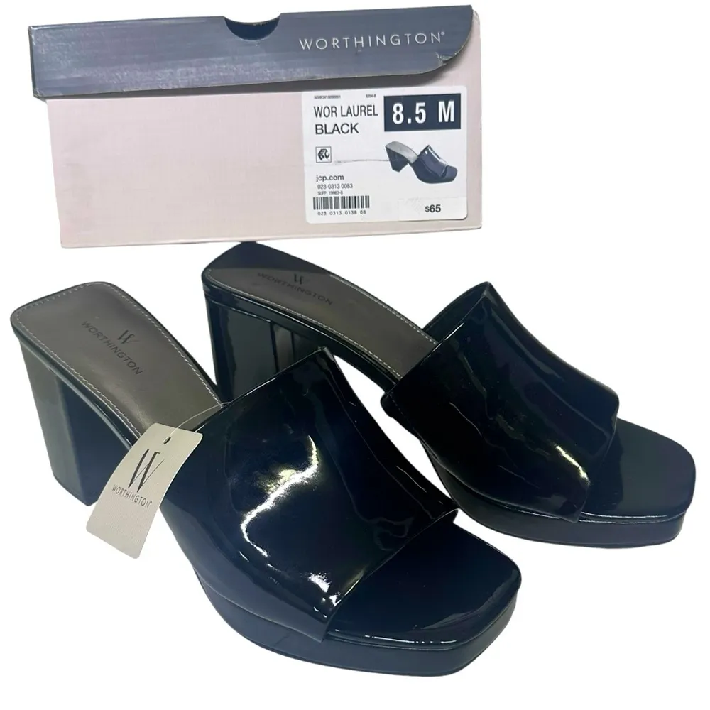 Worthington Laurel Black Patent Leather Slip On Peep Toe Block Heel Shoes Sz 8.5 - Image 2
