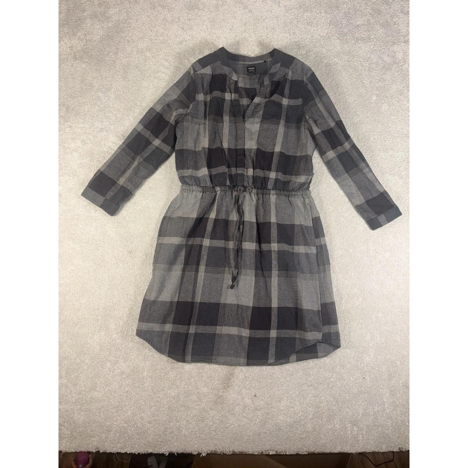 prAna Loop To Pines Flannel Plaid Gray Organic Cotton Shirt Dress Medium Pockets - Image 3