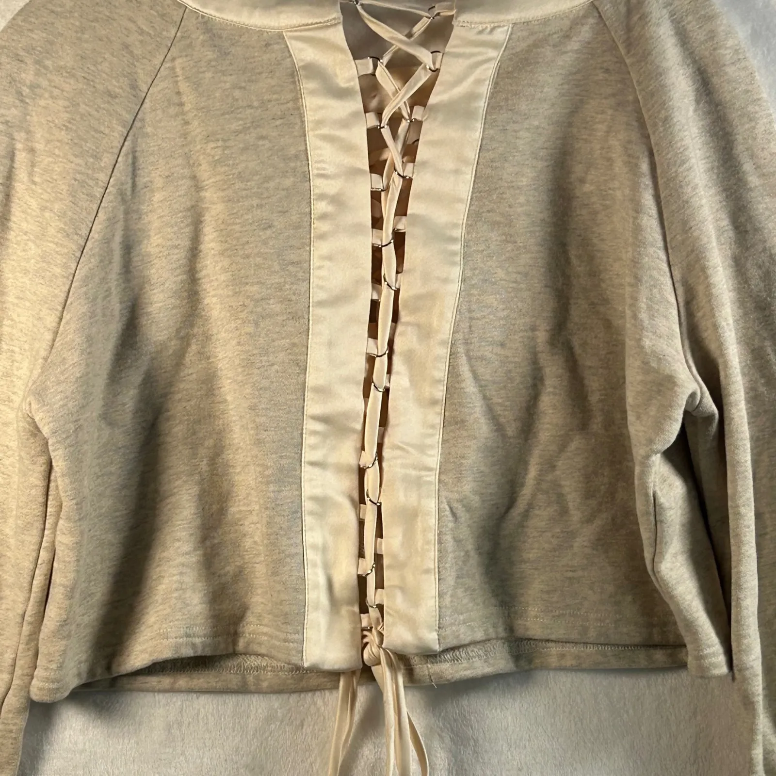 Endless Rose Beige Ribbed Bell Sleeve Lace Up Front Cropped Sweatshirt Top M - Image 7