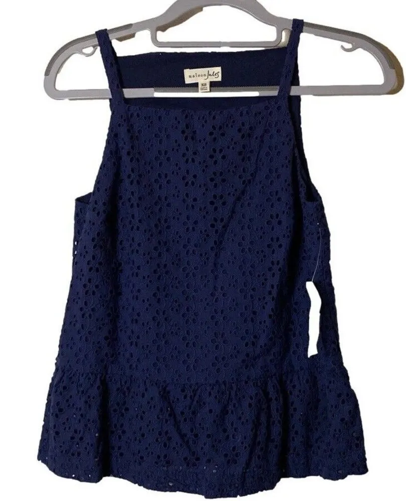 NWT MAISON JULES Eyelet Camisole Peplum Top - Sz XS - Blue Crochet Elegance - Image 1