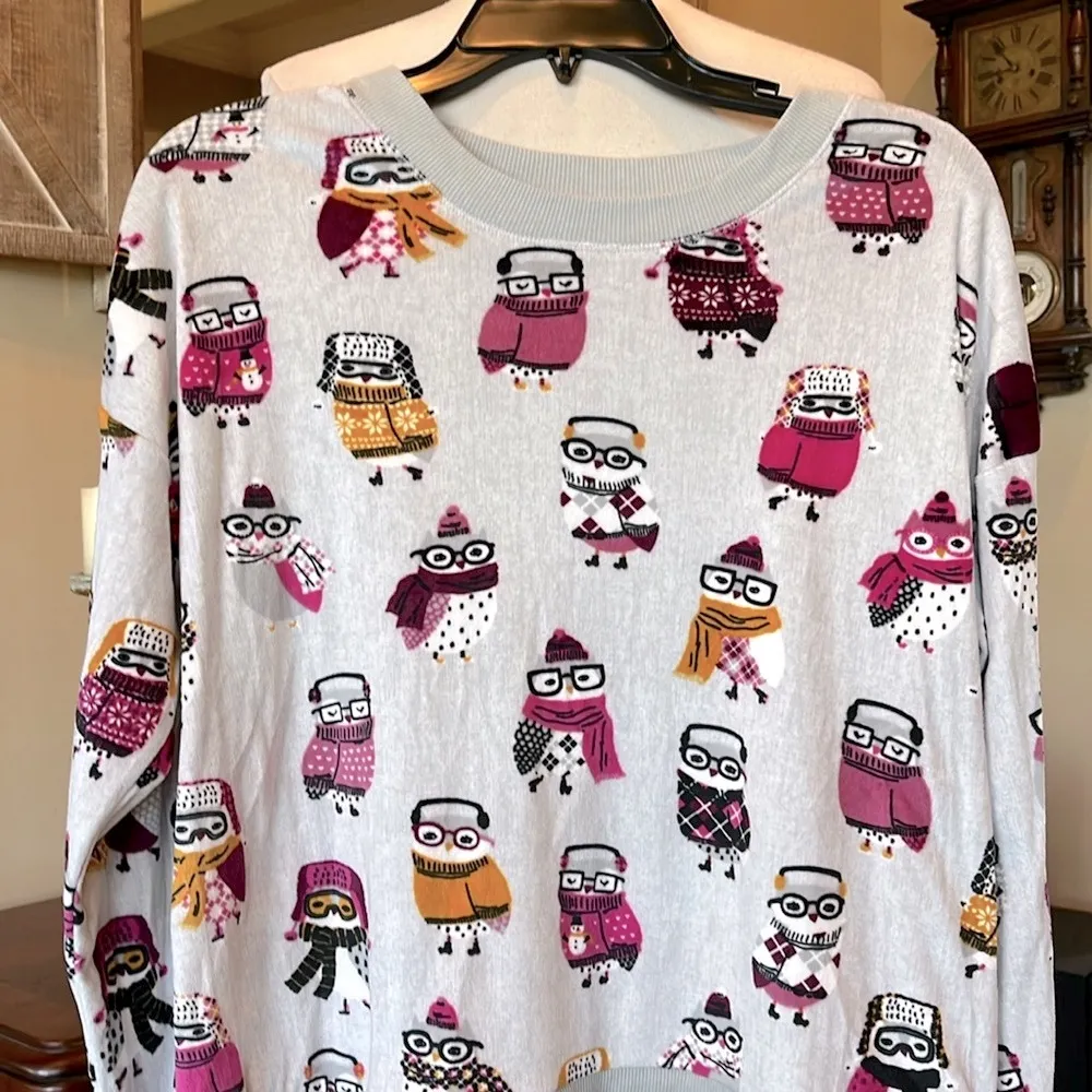 Comfy Pajama Top Long Sleeve Fleece Soft Lightweight Owls Oversized Small - Image 5