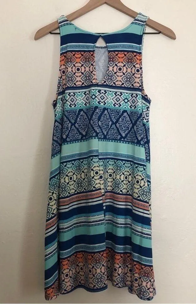 Planet Gold Blue Multicolor Geometric Stripes Tent Mini Summer Tank Top Dress - Image 7