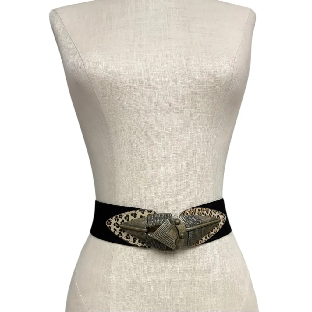 Vintage Omega Black Stretch Belt Brass Brutalist Buckle Medium - Image 2