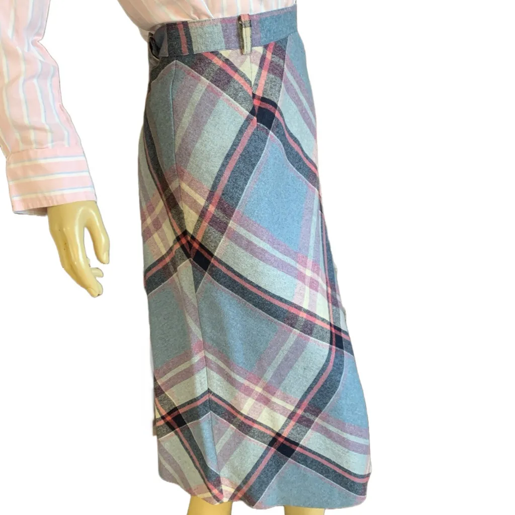 VINTAGE HOMEMADE CIRCA 1980'S BLUE & PINK PLAID MIDI SKIRT (M/L) Multiple Size M - Image 3