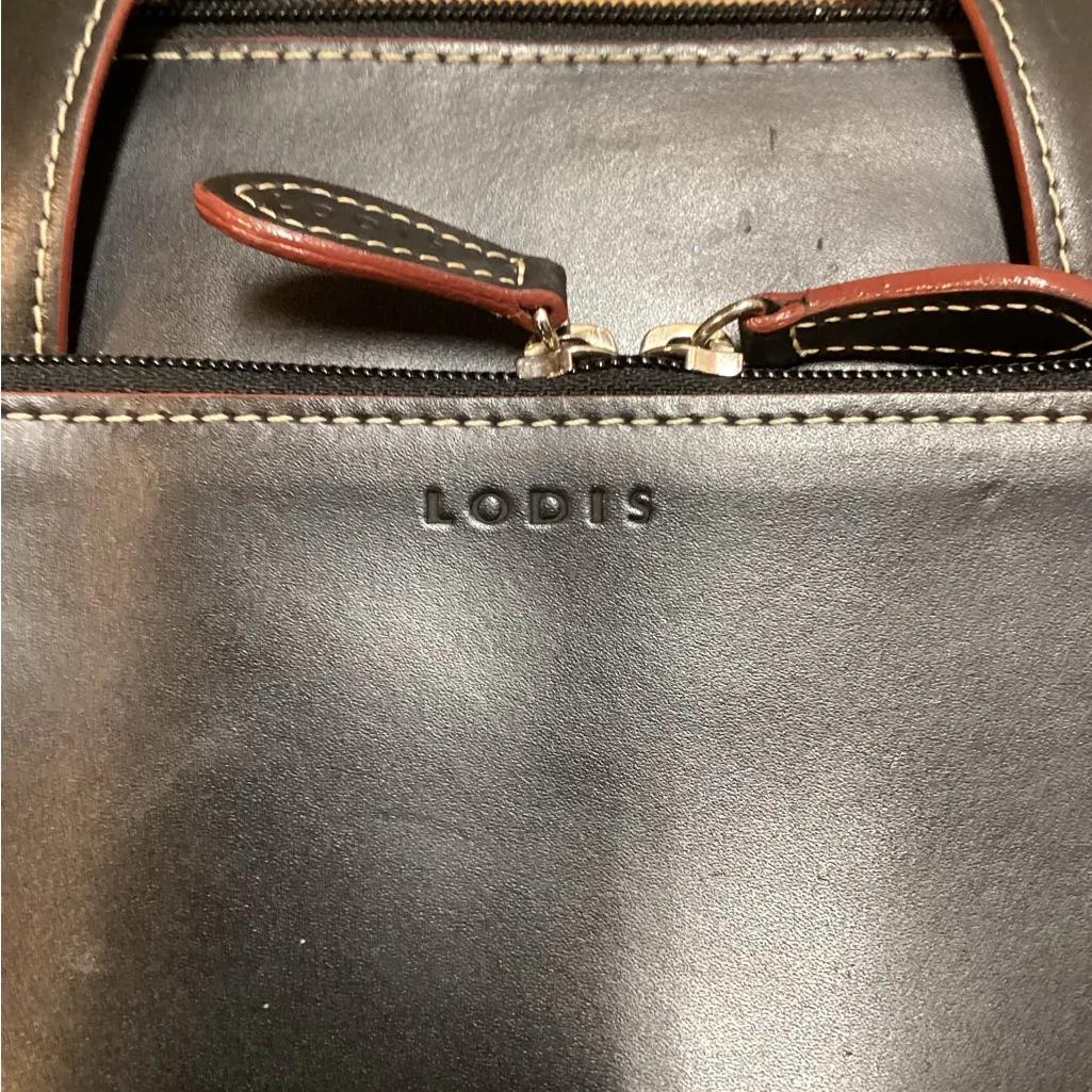 Lodis Italian leather briefcase/laptop bag. Black with brown piping - Image 14