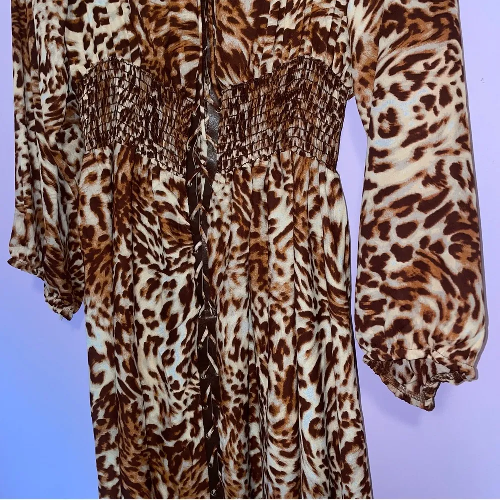 NEW Ashley Stewart Size 22/24 Maxi Dress Leopard Print Long Sleeve Lace Up - Image 3