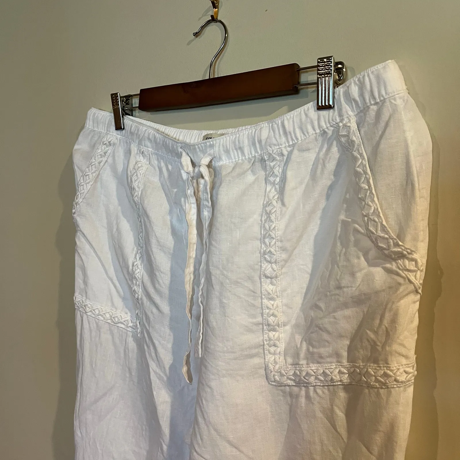 Joie Wide Leg Pants 100% Linen Flax White Beachy Embroidered Details Womens XL - Image 6