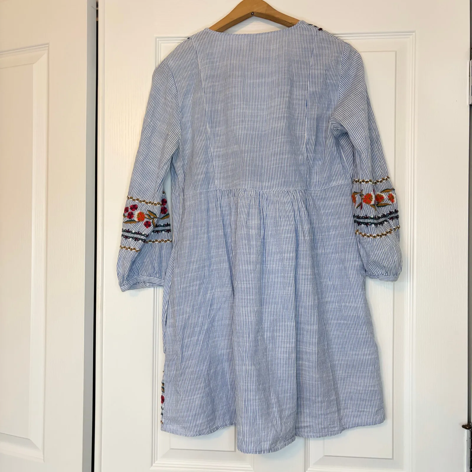 Zara trf collection womens blue white stripe 3/4 sleeve dress embroider floral S - Image 8