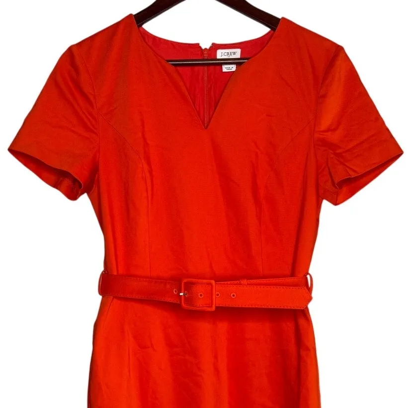 J. Crew Short Sleeve Belted V Neck Sheath Midi Dress Lined Back Zip Up 6 Orange - Image 2