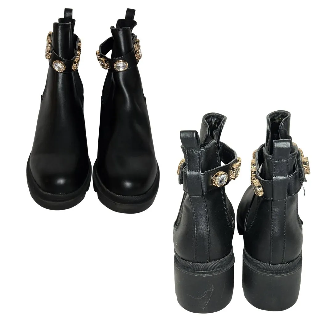 Mata Faux Leather Jeweled Embellished Pull On Chunky Heel Ankle Boot Sz 11 NWOB Black - Image 3