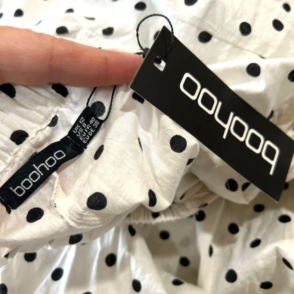 Boohoo Polka Dot Ruffle Midi Dress Open Back Tie Detail White Black Size 8 NWT - Image 10