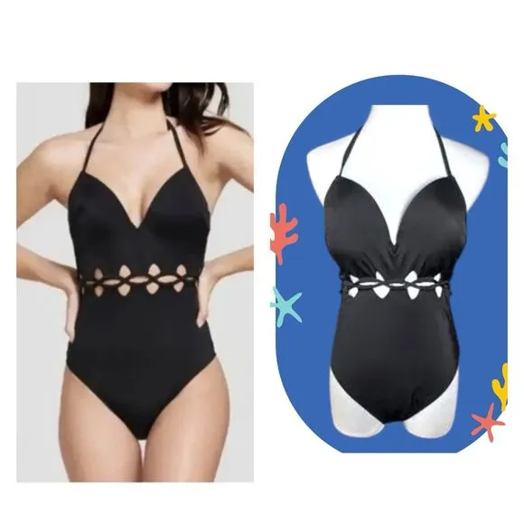 Shade & Shore Black plunge Halter One piece Swimsuit 34C NWT Peekaboo Woven Sexy - Image 3