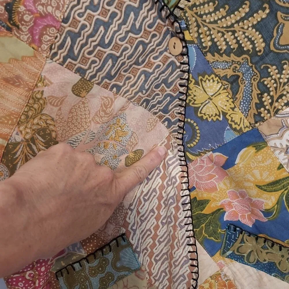 Vintage We Be Bop Patchwork Stitch Button Front Tie Back V - Image 10